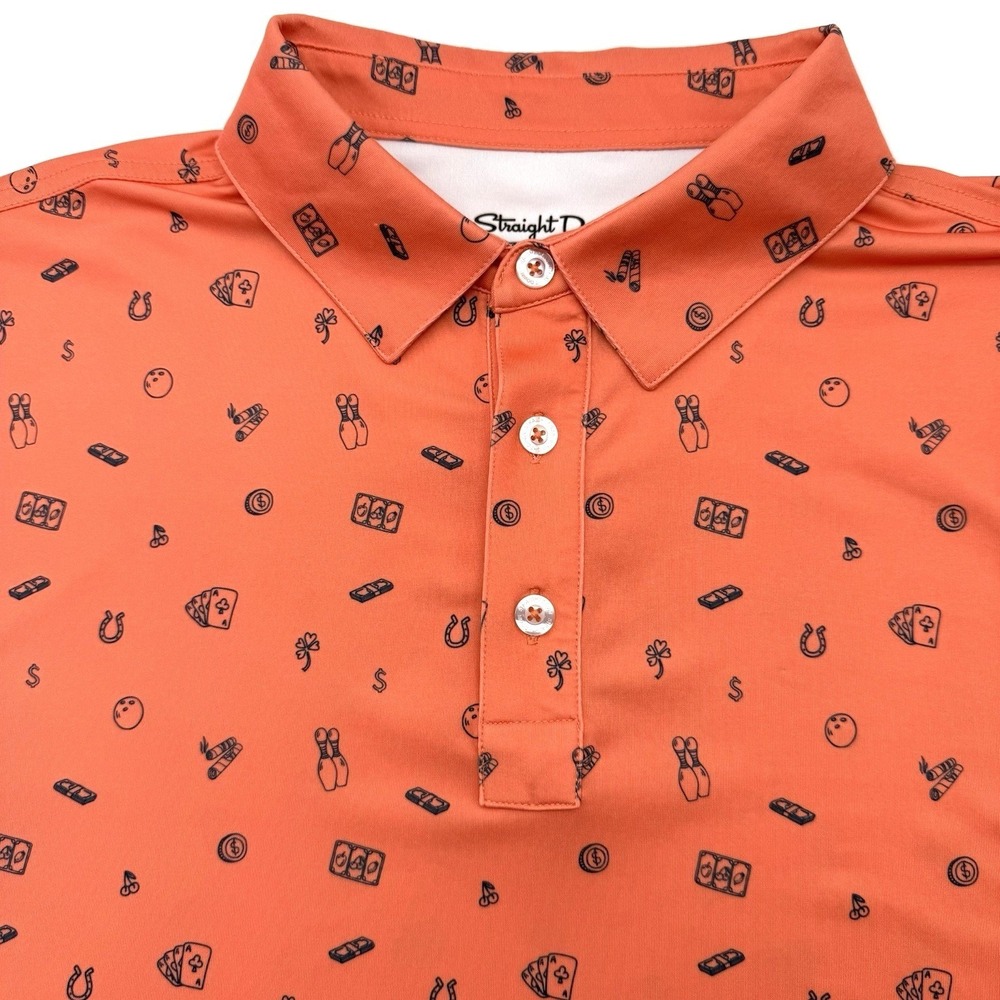 Straight Down Polo Men L Orange Casino Novelty Print Streamsong Golf Performance